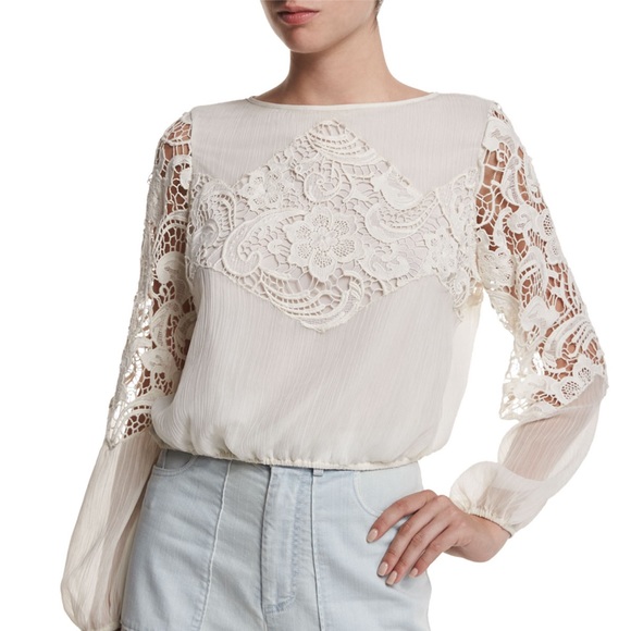 Alice + Olivia Tops - Alice + Olivia | Jenelle Long-Sleeve Lace-Trim Plisse Blouse